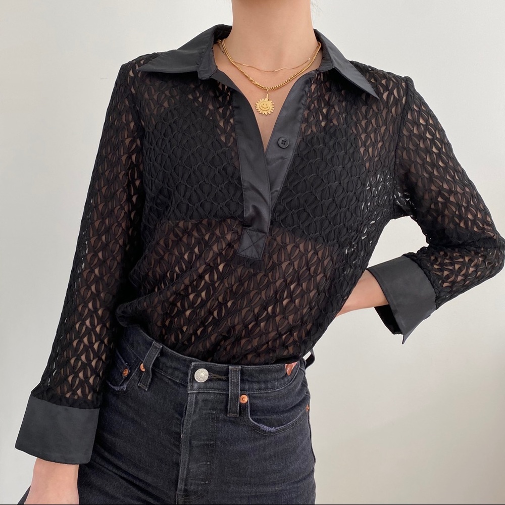 Y2K Vintage Sheer Mesh Lace Blouse Black